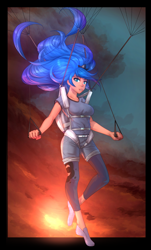 Size: 1920x3173 | Tagged: safe, artist:jonfawkes, artist:vest, character:princess luna, species:human, clothing, collaboration, commission, context needed, cutie mark clothes, female, humanized, leggings, parachute, shirt, shorts, skydiving, solo, sunset, t-shirt