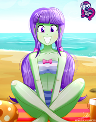 Size: 920x1160 | Tagged: safe, artist:the-butch-x, part of a set, character:starlight, g4, my little pony: equestria girls, my little pony:equestria girls, background human, barefoot, beach, beach babe, bikini, bikini babe, bow, breasts, busty starlight, butch's hello, clothing, cute, equestria girls logo, feet, female, grin, hello x, looking at you, midriff, sitting, smiling, solo, starlight, swimsuit