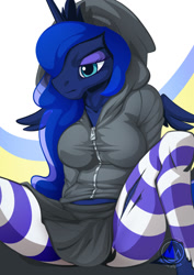 Size: 955x1351 | Tagged: safe, artist:mysticalpha, character:princess luna, species:alicorn, species:anthro, species:pony, clothing, disgruntled, eyeshadow, female, hoodie, leggings, makeup, pantyhose, ripped pantyhose, skirt, solo, striped pantyhose, thighs, upskirt denied
