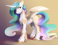 Size: 1320x1020 | Tagged: safe, artist:silfoe, character:princess celestia, species:alicorn, species:pony, alternate design, colored hooves, dappled, ethereal mane, female, mare, piebald colouring, simple background, smiling, solo, unshorn fetlocks