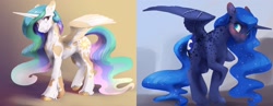Size: 2640x1020 | Tagged: safe, artist:silfoe, character:princess celestia, character:princess luna, species:alicorn, species:pony, alternate design, blushing, colored hooves, cute, cutelestia, dappled, ethereal mane, female, galaxy mane, lunabetes, mare, piebald colouring, royal sisters, simple background, sisters, spread wings, wings