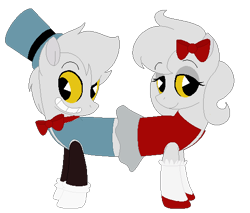 Size: 523x446 | Tagged: safe, artist:eggi-myst3ry, artist:selenaede, base used, species:earth pony, species:pony, bow, bow tie, clothing, conjoined, conjoined twins, crossover, cuphead, gloves, hair bow, hat, pacman eyes, pip & dot, ponified, shoes, simple background, studio mdhr, transparent background
