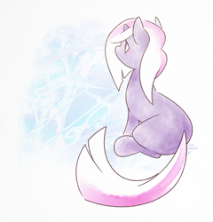 Size: 859x895 | Tagged: safe, artist:egophiliac, character:powder, species:pony, species:unicorn, g1, abstract background, female, g1 to g4, generation leap, mare, signature, sitting, solo