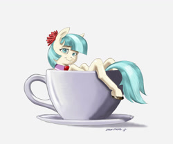 Size: 1300x1079 | Tagged: safe, artist:baron engel, character:coco pommel, species:earth pony, species:pony, cup, cup of pony, female, mare, micro, pun, simple background, smiling, solo, teacup, visual gag, white background