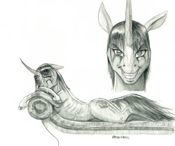 Size: 1024x858 | Tagged: safe, artist:baron engel, oc, oc only, oc:prophecy, species:pony, species:unicorn, couch, curved horn, female, floppy ears, grayscale, grin, horn, mare, monochrome, multiple personality, pencil drawing, simple background, smiling, solo, story included, traditional art, white background