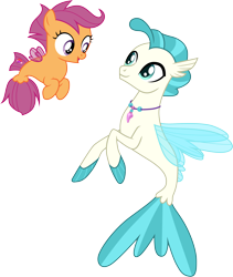 Size: 3000x3557 | Tagged: safe, artist:cloudyglow, character:scootaloo, character:terramar, species:pegasus, species:pony, species:seapony (g4), episode:surf and/or turf, g4, my little pony: friendship is magic, season 8, spoiler:s08, cute, cutealoo, female, looking at each other, seaponified, seapony scootaloo, simple background, smiling, species swap, terrabetes, transparent background, vector