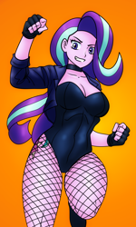 Size: 1000x1667 | Tagged: safe, artist:johnjoseco, colorist:ironhades, edit, character:starlight glimmer, my little pony:equestria girls, black canary, breasts, clothing, color edit, colored, costume, equestria girls-ified, female, fishnet pantyhose, gradient background, jacket, leotard, orange background, simple background, solo