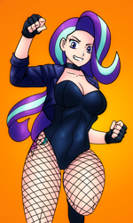 Size: 1000x1667 | Tagged: safe, artist:johnjoseco, colorist:ironhades, edit, character:starlight glimmer, species:human, black canary, breasts, busty starlight glimmer, clothing, color edit, colored, costume, cutie mark on human, female, fishnet pantyhose, gradient background, humanized, jacket, leotard, orange background, simple background, solo