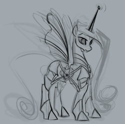 Size: 500x496 | Tagged: safe, artist:egophiliac, character:princess cadance, antenna, armor, female, robot, sketch, smiling, solo, spread wings, wings