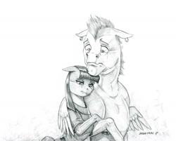 Size: 1400x1126 | Tagged: safe, artist:baron engel, character:bulk biceps, character:maud pie, species:earth pony, species:pony, comforting, ear piercing, earring, female, grayscale, jewelry, male, mare, monochrome, pencil drawing, piercing, sad, simple background, sketch, stallion, traditional art, white background, wing hold