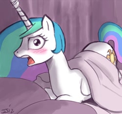 Size: 650x608 | Tagged: safe, artist:johnjoseco, character:princess celestia, species:alicorn, species:pony, bed, blanket, blushing, female, mare, open mouth, prone, solo