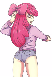 Size: 1937x2869 | Tagged: safe, artist:sumin6301, character:apple bloom, my little pony:equestria girls, ass, bloom butt, clothing, female, legs, looking back, older, older apple bloom, open mouth, shorts, simple background, solo, white background