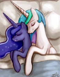 Size: 500x642 | Tagged: safe, artist:johnjoseco, character:princess celestia, character:princess luna, species:alicorn, species:pony, bed, cuddling, duo, duo female, female, mare, royal sisters, sleeping