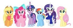 Size: 8890x3473 | Tagged: safe, artist:aleximusprime, character:applejack, character:fluttershy, character:pinkie pie, character:rainbow dash, character:rarity, character:twilight sparkle, character:twilight sparkle (alicorn), species:alicorn, species:earth pony, species:pegasus, species:pony, species:unicorn, absurd resolution, anklet, big crown thingy, bow, bracelet, chubbie pie, chubby, clothing, ear piercing, earring, elements of harmony, fat, female, flower, freckles, future, glasses, hat, jewelry, mane six, mare, older, piercing, plump, ponytail, pudgy pie, regalia, scarf, shirt, short hair, simple background, smiling, tiara, transparent background