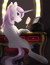 Size: 1020x1320 | Tagged: safe, artist:silfoe, character:fleur-de-lis, oc, species:pony, species:unicorn, backlighting, brush, commission, female, looking at you, looking back, looking back at you, mare, mirror, missing cutie mark, solo, vanity