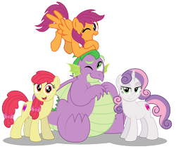 Size: 5938x5025 | Tagged: safe, artist:aleximusprime, character:apple bloom, character:scootaloo, character:spike, character:sweetie belle, species:dragon, species:earth pony, species:pegasus, species:pony, species:unicorn, absurd resolution, adult, adult spike, bhm, chubby, cute, cutie mark crusaders, fat, fat spike, female, flurry heart's story, flying, grown ups, leaning, looking at you, mare, older, older apple bloom, older scootaloo, older spike, older sweetie belle, one eye closed, plump, show accurate, simple background, smiling, transparent background, winged spike