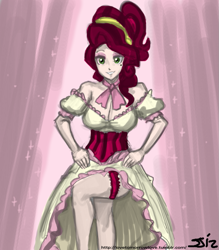 Size: 735x840 | Tagged: safe, artist:johnjoseco, edit, character:cherry jubilee, species:human, breasts, busty cherry jubilee, cleavage, clothing, color edit, colored, dress, female, garter, humanized, solo