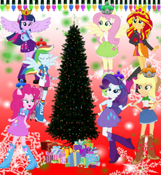 Size: 1833x1995 | Tagged: safe, artist:magical-mama, artist:selenaede, artist:theshadowstone, artist:user15432, character:applejack, character:fluttershy, character:pinkie pie, character:rainbow dash, character:rarity, character:sunset shimmer, character:twilight sparkle, character:twilight sparkle (alicorn), species:alicorn, species:human, species:pony, my little pony:equestria girls, alicornified, christmas, christmas crown, christmas lights, christmas presents, christmas star, christmas tree, crown, fairy, fairy wings, holiday, humanized, jewelry, lights, pink wings, ponied up, pony ears, present, princess applejack, princess fluttershy, princess pinkie pie, princess rainbow dash, princess rarity, race swap, regalia, royal stickers, shimmercorn, snow, snowflake, stars, the rainbooms, tree, winged humanization, wings, winter, wondercolts