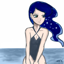 Size: 850x850 | Tagged: safe, artist:codaulux, artist:johnjoseco, character:princess luna, species:human, clothing, female, humanized, one-piece swimsuit, sad, solo, swimsuit, water