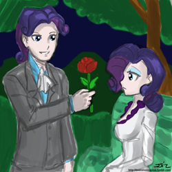 Size: 850x850 | Tagged: safe, artist:johnjoseco, character:rarity, species:human, bench, elusive, female, flower, humanized, male, ponidox, rarilusive, rose, rule 63, self ponidox, selfcest, shipping, straight