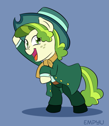 Size: 867x1000 | Tagged: safe, artist:empyu, character:pistachio, species:earth pony, species:pony, episode:best gift ever, g4, my little pony: friendship is magic, 30 minute art challenge, clothing, fedora, freckles, hat, male, open mouth, pants, rearing, scarf, simple background, solo, stallion