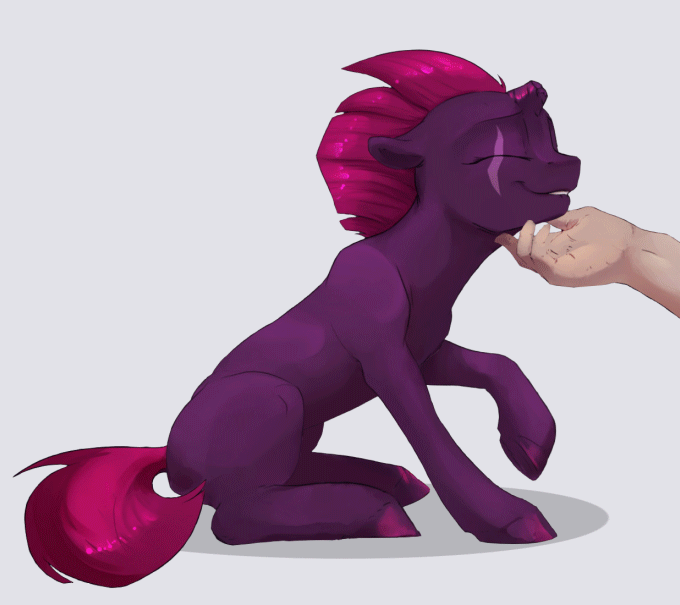 Size: 680x605 | Tagged: safe, artist:silfoe, artist:szafir87, character:fizzlepop berrytwist, character:tempest shadow, species:human, species:pony, animated, behaving like a dog, broken horn, chin scratch, cute, female, gif, hand, hnnng, mare, petting, silfoe is trying to murder us, simple background, tempestbetes, weapons-grade cute