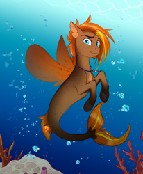 Size: 2550x3096 | Tagged: safe, artist:askbubblelee, oc, oc only, oc:singe, species:pony, species:seapony (g4), bubble, coral, freckles, male, smiling, solo, stallion, underwater