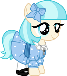 Size: 1053x1200 | Tagged: safe, artist:cloudyglow, character:coco pommel, species:earth pony, species:pony, american girls, clothing, cocobetes, cute, dress, female, filly, nellie o'malley, simple background, smiling, solo, standing, three quarter view, transparent background, younger