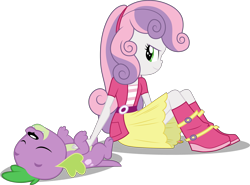 Size: 4593x3393 | Tagged: safe, artist:cloudyglow, artist:red4567, edit, editor:slayerbvc, character:spike, character:spike (dog), character:sweetie belle, species:dog, my little pony:equestria girls, bellyrubs, boots, edited edit, female, inverted mouth, looking back, misleading thumbnail, missing accessory, on back, out of context, shoes, simple background, sitting, smiling, spike's dog collar, transparent background, vector, vector edit