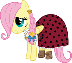 Size: 1377x1200 | Tagged: safe, artist:cloudyglow, character:fluttershy, species:pegasus, species:pony, american girls, braid, clothing, cute, dress, ear piercing, earring, female, filly, folded wings, hair over one eye, jewelry, josefina montoya, piercing, shyabetes, simple background, smiling, solo, standing, three quarter view, transparent background, wings, younger