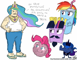 Size: 1000x778 | Tagged: safe, artist:johnjoseco, edit, character:pinkie pie, character:princess celestia, character:princess luna, character:rainbow dash, character:twilight sparkle, aqua teen hunger force, carl, carl brutananadilewski, carlestia, chest hair, clothing, color edit, colored, crown, dialogue, facial hair, frylock, ignignokt, jewelry, master shake, meatwad, moustache, pants, peytral, regalia, simple background, smiling, tank top, white background