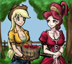 Size: 800x711 | Tagged: safe, artist:johnjoseco, artist:michos, edit, character:applejack, character:cherry jubilee, species:human, breasts, bucket, busty applejack, busty cherry jubilee, cherry, cleavage, clothing, color edit, colored, duo, duo female, female, food, front knot midriff, gloves, humanized, midriff