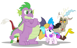 Size: 3098x1936 | Tagged: safe, artist:aleximusprime, character:discord, character:princess flurry heart, character:spike, species:alicorn, species:draconequus, species:dragon, species:pony, adult, adult spike, bow, chaos, crossed arms, fat, fat spike, female, filly, filly flurry heart, flurry heart's story, male, older, older flurry heart, older spike, show accurate, talking, unamused, winged spike
