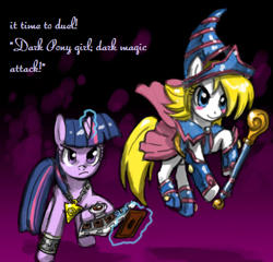 Size: 493x474 | Tagged: safe, artist:johnjoseco, character:twilight sparkle, species:pony, species:unicorn, boots, clothing, cute, dark magician girl, duel disk, duo, duo female, female, mare, skirt, staff, yu-gi-oh!