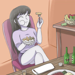 Size: 2952x2952 | Tagged: safe, artist:sumin6301, character:octavia melody, my little pony:equestria girls, alcohol, apple, banana, beer, bowl, chair, clothing, crossed legs, cute, eating, eyes closed, female, food, french fries, grapes, heineken, meat, shorts, solo, steak, table