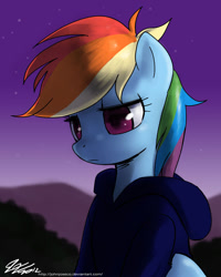 Size: 800x1001 | Tagged: safe, artist:johnjoseco, character:rainbow dash, species:pegasus, species:pony, episode:read it and weep, g4, my little pony: friendship is magic, clothing, female, hoodie, mare, night, sad, solo