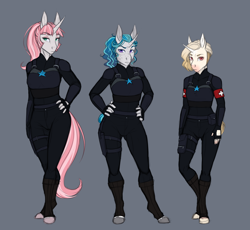 Size: 3584x3300 | Tagged: safe, artist:askbubblelee, oc, oc only, oc:bubble lee, oc:cross stitch, oc:rosie quartz, species:anthro, species:pony, species:unguligrade anthro, species:unicorn, willowverse, alternate universe, anthro oc, clothing, colored sketch, female, freckles, hand on hip, hands on waist, mare, royal guard, serious, serious face, simple background, standing, trio, trio female, uniform