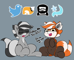 Size: 1280x1041 | Tagged: safe, artist:pabbley, oc, oc:bandy cyoot, oc:pandy cyoot, species:earth pony, species:pony, bags under eyes, dialogue, meta, newgrounds, raccoon pony, red panda pony, sitting, tired, tumblr, tumblr 2018 nsfw purge, twitter