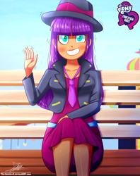 Size: 920x1160 | Tagged: safe, artist:the-butch-x, part of a set, character:ginger owlseye, my little pony:equestria girls, background human, bench, blushing, butch's hello, clothing, cute, equestria girls logo, fedora, female, grin, hat, hello x, jacket, looking at you, necktie, nervous, owlabetes, shaking, signature, sitting, sky, smiling, solo, sweat, trembling, waving