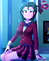 Size: 920x1160 | Tagged: safe, artist:the-butch-x, part of a set, equestria girls:friendship games, g4, my little pony: equestria girls, my little pony:equestria girls, background human, blushing, bow, bow tie, breasts, butch's hello, clothing, crystal prep academy uniform, crystal prep shadowbolts, equestria girls logo, female, hello x, looking at you, nail polish, plaid skirt, pleated skirt, poster, school uniform, signature, sitting, skirt, smiling, solo, trophy, zephyr