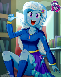 Size: 920x1160 | Tagged: safe, artist:the-butch-x, part of a set, character:trixie, g4, my little pony: equestria girls, my little pony:equestria girls, adorasexy, barrette, blushing, book, bookshelf, breasts, butch's hello, canterlot high, chair, clothing, collarbone, cute, cutie mark on clothes, diatrixes, dress, ear blush, equestria girls logo, female, hairclip, hairpin, hello, hello x, hoodie, indoors, jacket, kneesocks, legs, library, logo, looking at you, minidress, miniskirt, my little pony logo, open mouth, pointing at self, raised eyebrow, schrödinger's pantsu, sexy, signature, sitting, skirt, smiling, socks, solo, thighs, upskirt denied
