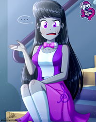 Size: 920x1160 | Tagged: safe, artist:the-butch-x, part of a set, character:octavia melody, my little pony:equestria girls, ..., belt, blushing, bow, bow tie, breasts, busty octavia, butch's hello, canterlot high, clothing, collarbone, cute, cutie mark on clothes, dialogue, disgruntled, dress, equestria girls logo, female, hello, hello x, indoors, kneesocks, legs, logo, long hair, looking at you, my little pony logo, open mouth, raised eyebrow, signature, sitting, skirt, sleeveless, socks, solo, speech bubble, staircase, stairs, treble clef, vest