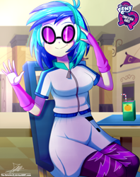Size: 920x1160 | Tagged: safe, artist:the-butch-x, part of a set, character:dj pon-3, character:vinyl scratch, my little pony:equestria girls, breasts, busty vinyl scratch, butch's hello, cafeteria, canterlot high, chair, clothing, cute, drinking straw, equestria girls logo, female, fingerless gloves, glasses, gloves, headphones, hello x, jacket, juice, juice box, leggings, looking at you, my little pony logo, signature, sitting, skirt, smiling, solo, straw, table, vinyl's glasses, waving