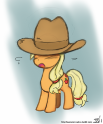Size: 833x1000 | Tagged: safe, artist:deeriojim, artist:johnjoseco, character:applejack, species:earth pony, species:pony, clothing, female, filly, foal, gradient background, hat, solo