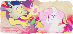 Size: 420x200 | Tagged: safe, artist:egophiliac, artist:sweetleafx, edit, character:discord, character:princess celestia, species:alicorn, species:draconequus, species:pony, ship:dislestia, female, filter, flower, male, pink-mane celestia, shipping, simple background, straight, sunflower, text, transparent background, young celestia