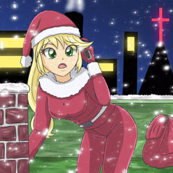 Size: 2952x2952 | Tagged: safe, artist:sumin6301, character:applejack, my little pony:equestria girls, chimney, christmas, church, clothing, costume, cross, female, holiday, night, santa costume, snow, solo