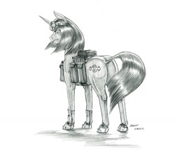 Size: 1024x880 | Tagged: safe, artist:baron engel, oc, oc only, oc:last thing, species:pony, species:unicorn, death stare, female, glare, grayscale, horseshoes, mare, monochrome, pencil drawing, plot, saddle bag, simple background, solo, story included, traditional art, unamused, white background