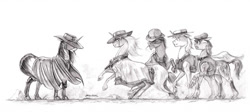 Size: 1024x460 | Tagged: safe, artist:baron engel, oc, oc only, species:earth pony, species:pony, species:unicorn, cigarette, clothing, female, grayscale, hat, hat over eyes, male, mare, monochrome, pencil drawing, poncho, rearing, serape, simple background, stallion, story included, traditional art, white background