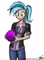 Size: 582x800 | Tagged: safe, artist:johnjoseco, artist:michos, character:allie way, species:human, bowling ball, derp, female, humanized, smiling, solo