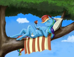 Size: 1400x1094 | Tagged: safe, artist:baron engel, character:applejack, character:rainbow dash, species:earth pony, species:pony, anatomically incorrect, apple, female, food, incorrect leg anatomy, lying down, mare, missing accessory, on back, palette swap, pillow, recolor, semi-anthro, smiling, solo, tree, tree branch